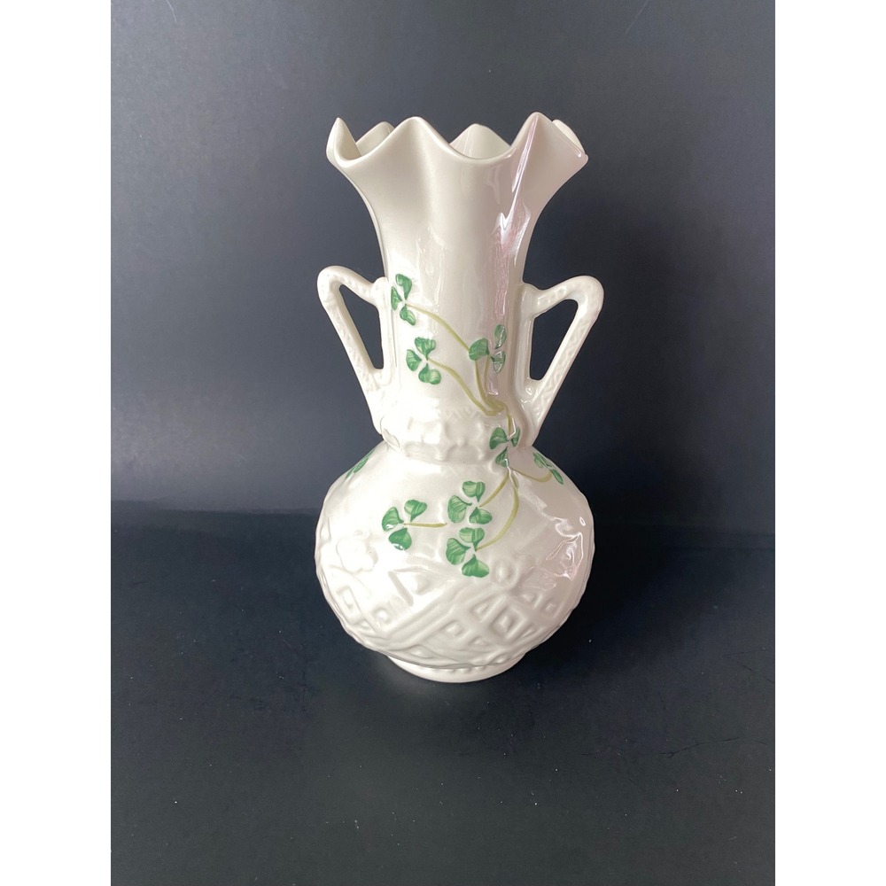 Belleek Ireland Parian China Shamrock Vase Ruffled Rim Two Handled 7.5 Inch